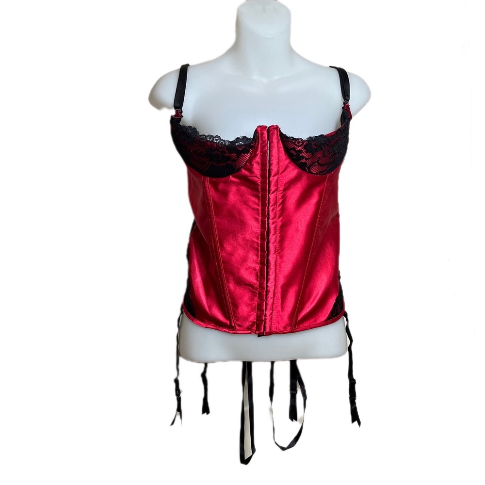 Red Tie Up Corset w/ Black Lace Details & Boning